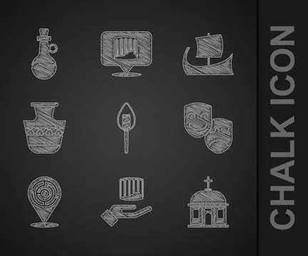 Set Torch flame, Ancient column, Santorini building, Comedy and tragedy mas.. Ilustración de archivo