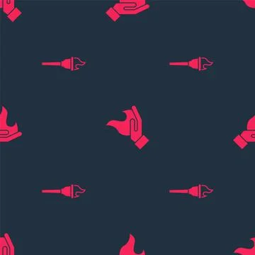 Set Torch flame and Hand holding fire on seamless pattern. Vector Stock Illustration