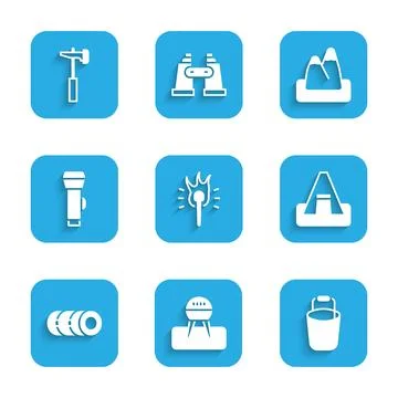Set Torch flame, Barbecue grill, Bucket, Tourist tent, Blanket roll, Flashl.. Illustration