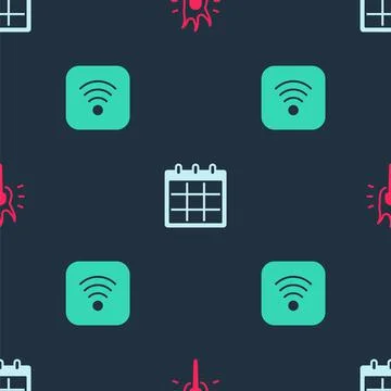Set Torch flame, Calendar and Wi-Fi wireless internet on seamless pattern Illustrazione stock