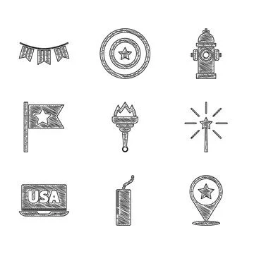 Set Torch flame, Dynamite bomb, USA Independence day, Firework, on laptop Stock Illustration