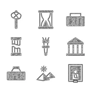 Set Torch flame, Egypt pyramids, Portrait in museum, Museum building, Hanging Ilustración de archivo