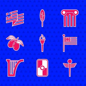Set Torch flame, Greek shield, Caduceus snake medical, Greece national flag Illustrazione stock