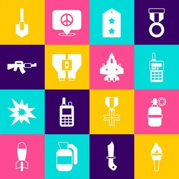Set Torch flame, Hand grenade, Walkie talkie, Military rank, Binoculars, M16A1 Stock Illustration