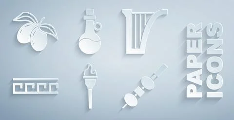 Set Torch flame, Harp, Ancient Greek pattern, Olive and cheese on chopstick,  Stock Illustration