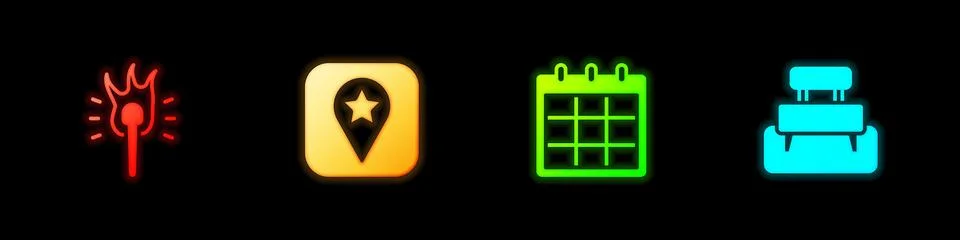 Set Torch flame, Location for camping, Calendar and Bench icon. Vector Ilustración de archivo