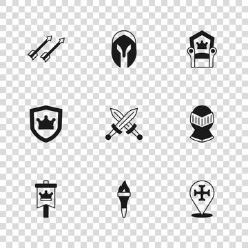 Set Torch flame, Medieval helmet, Crusade, Crossed medieval sword, throne, .. Illustrazione stock