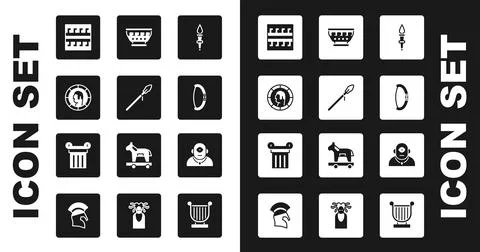 Set Torch flame, Medieval spear, Ancient Greek coin, pattern, bow, ancient bowl Stock Illustration