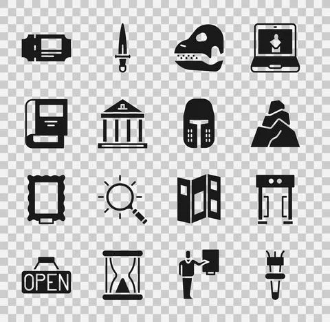 Set Torch flame, Metal detector, Rock stones, Dinosaur skull, Museum building Ilustración de archivo
