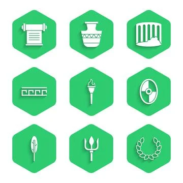 Set Torch flame, Neptune Trident, Laurel wreath, Greek shield, Feather pen 스톡 일러스트