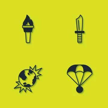 Set Torch flame, Parachute, Bomb explosive planet earth and Military knife icon Illustrazione stock