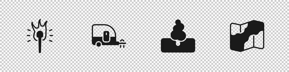 Set Torch flame, Rv Camping trailer, Tree and and hiking on map icon. Vector Stock Illustration