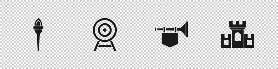 Set Torch flame, Target with arrow, Trumpet flag and Castle, fortress icon Ilustración de archivo