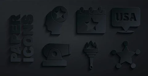 Set Torch flame, USA Independence day, Cannon, Hexagram sheriff, Calendar with Ilustración de archivo