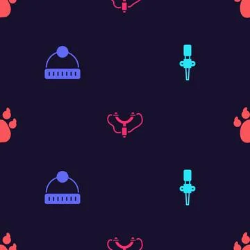 Set Torch flame, Winter hat, Slingshot and Paw print on seamless pattern. Vec Stock Illustration