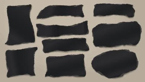 Set of torn black note, notebook paper pieces stuck on dark background. Vector Illustrazione stock