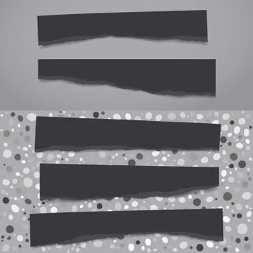 Set of torn of black note, notebook paper strips and pieces stuck on grey Stock Illustration