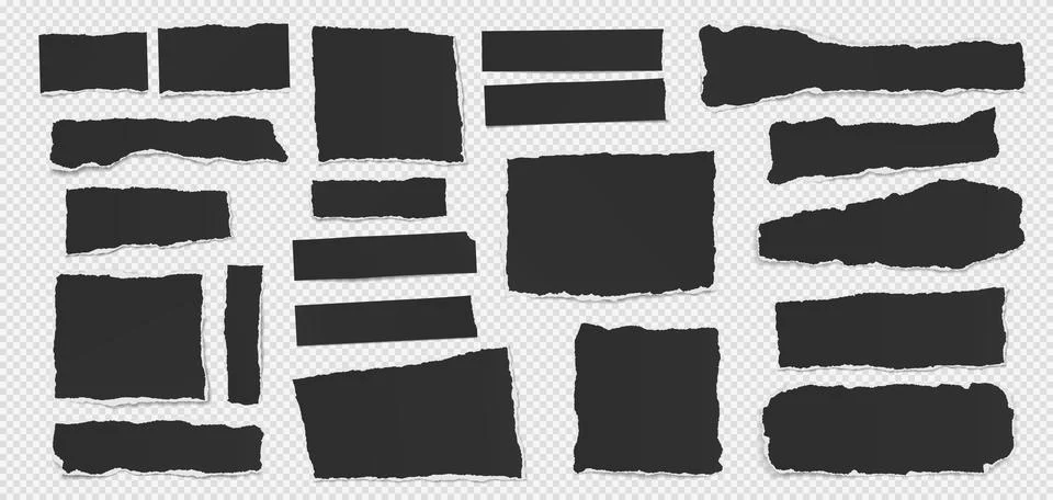 Set of torn black note paper pieces are on light squared background for text or Stock Illustration
