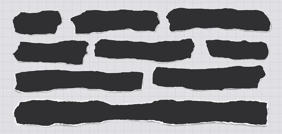 Set of torn black note paper pieces, strips are on grey background for text Stock Illustration