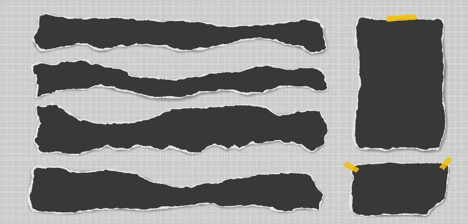 Set of torn black note paper, pieces with sticky tape are on grey squared Stock Illustration