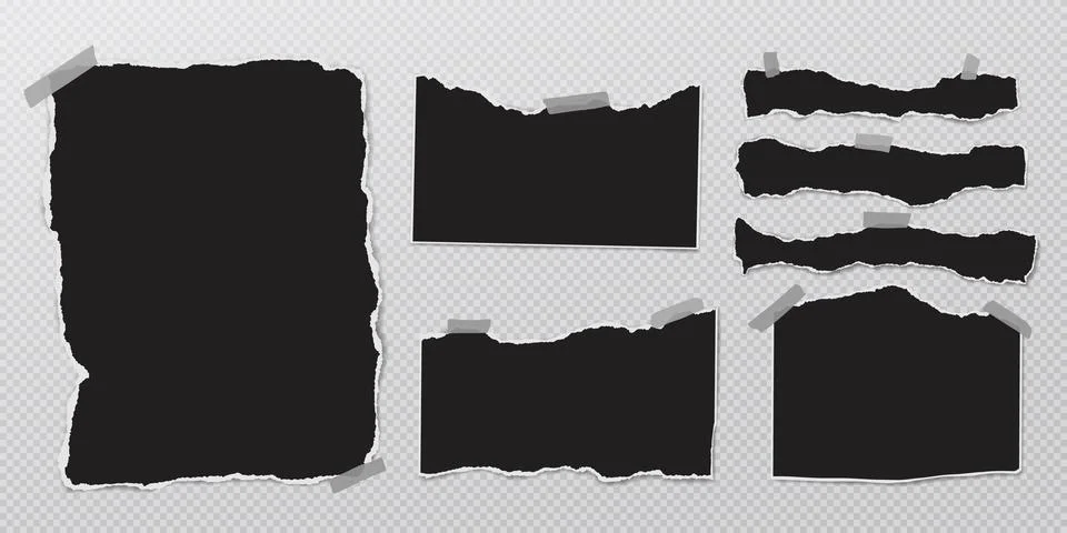 Set of torn black note paper pieces with sticky tape are on transparent Stock Illustration