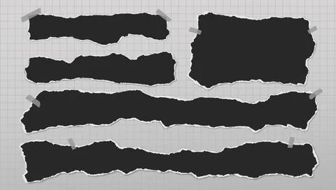 Set of torn black note paper pieces with sticky tape are on squared background Illustrazione stock