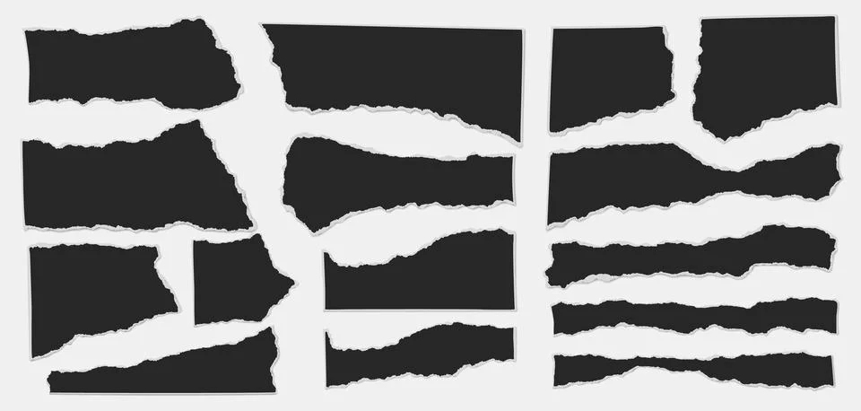 Set of torn black note paper pieces with soft shadow are on white background for Stock Illustration