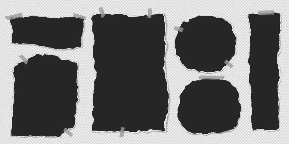 Set of torn black note paper pieces with sticky tape are on transparent Stock Illustration