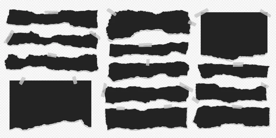 Set of torn black note paper pieces with sticky tape are on transparent Stock Illustration