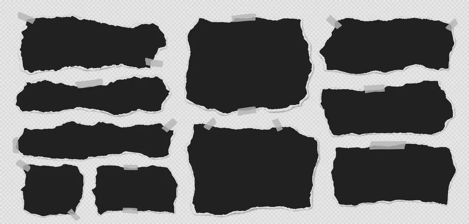 Set of torn black note paper pieces with sticky tape are on transparent Stock Illustration