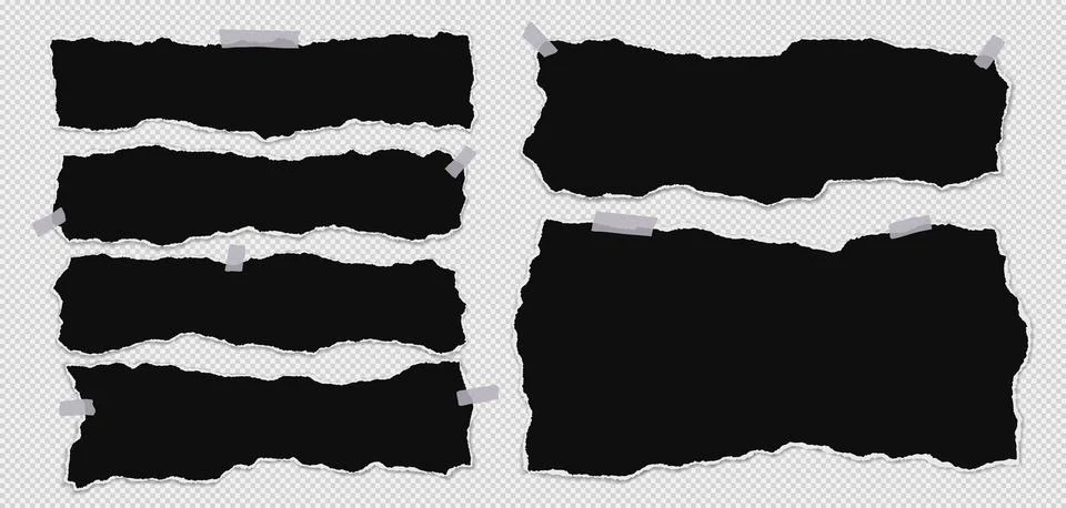 Set of torn black note paper pieces with sticky tape are on transparent Stock Illustration