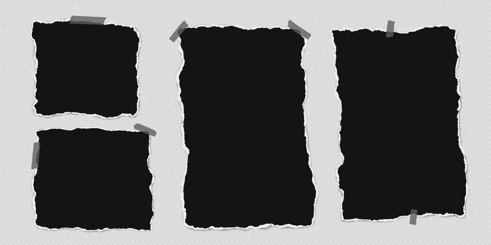 Set of torn black note paper pieces with sticky tape are on transparent Stock Illustration