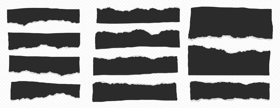 Set of torn black note paper pieces are on transparent background for text Stock Illustration