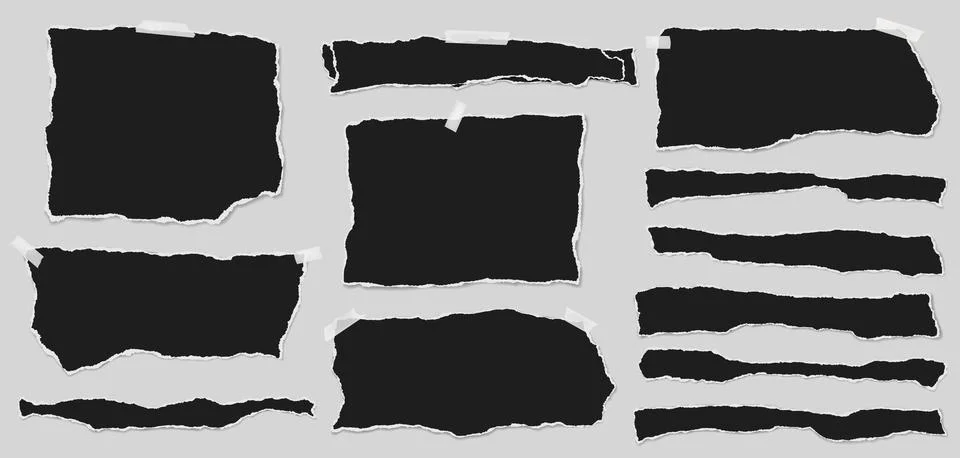 Set of torn black note paper pieces with sticky tape are on transparent Stock Illustration