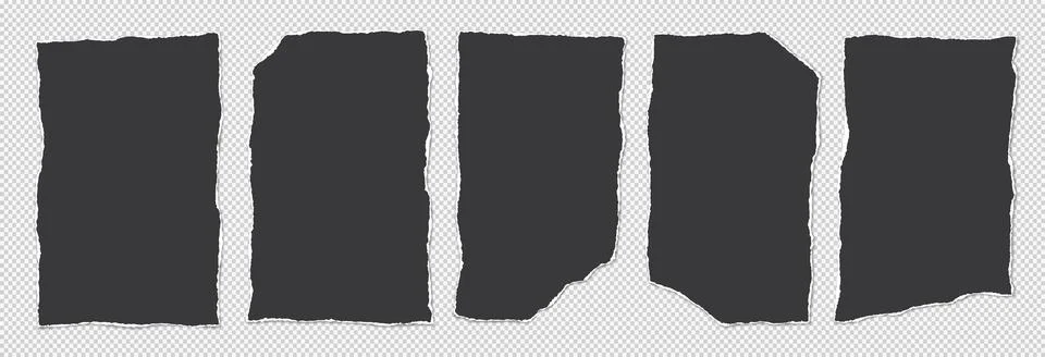 Set of torn black notebook paper pieces, sheets stuck on light grey background Stock Illustration
