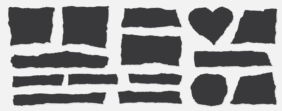 Set of torn black notebook paper pieces, sheets stuck on light grey background Stock Illustration