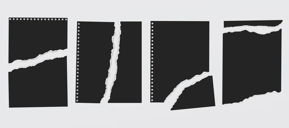 Set of torn black notebook paper pieces, sheets stuck on light grey background Stock Illustration