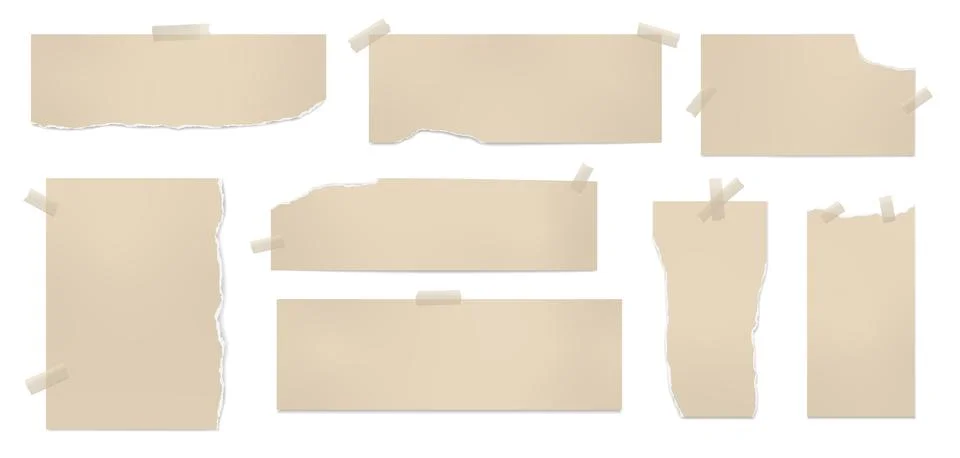 Set of torn brown note paper pieces stuck with adhesive tape are on white Stock Illustration