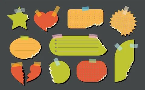 Set of torn color paper, notebook sheets and sticky notes attached with sco.. Stock Illustration