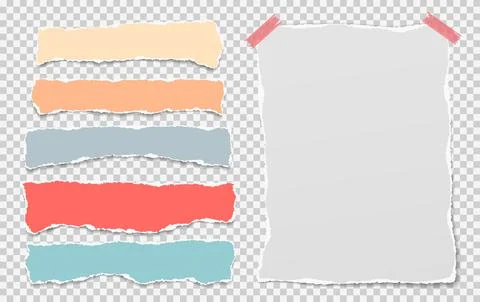 Set of torn colorful note paper pieces, white notebook sheet with soft shadow Stock Illustration