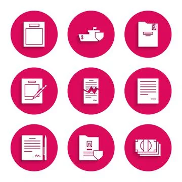 Set Torn contract, Document with shield, Stacks paper money cash, Contract pen Stock Illustration