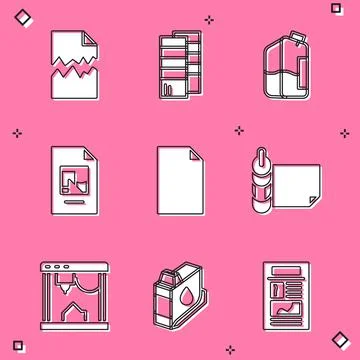 Set Torn document, Pantone, Printer ink bottle, File, Empty, Roll of paper, 3D Stock Illustration