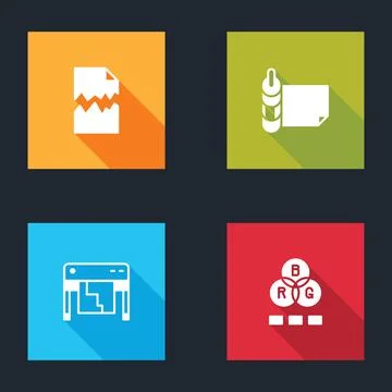 Set Torn document, Roll of paper, Plotter and RGB color mixing icon. Vector Ilustración de archivo