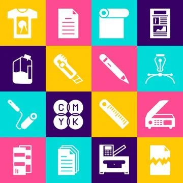 Set Torn document, Scanner, Fountain pen nib, Roll of paper, Stationery knife 库存插图