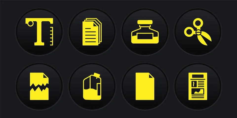 Set Torn document, Scissors, Printer ink bottle, Empty, Ink, File, News and Text Stock Illustration