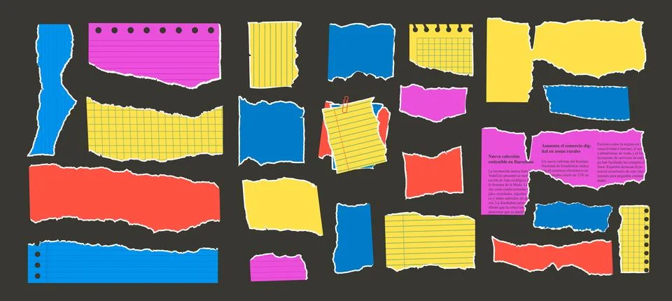 Set of torn edges vibrant papers. Tear sheet punk pieces pack. Note uneven Stock Illustration