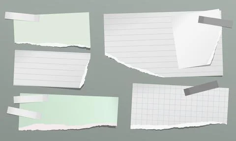 Set of torn green, white note, notebook paper pieces with sticky tape stuck on Stock Illustration