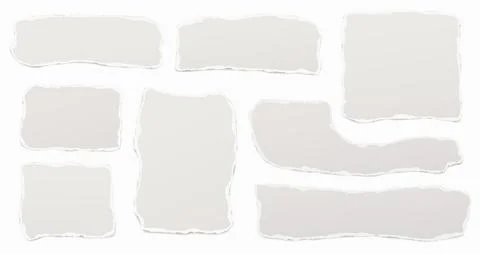 Set of torn grey note, notebook paper pieces stuck on white background. Vector Stock Illustration