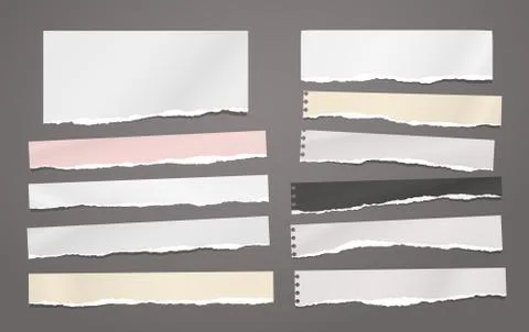 Set of torn horizontal white and colorful, note notebook paper strips and pieces Illustrazione stock