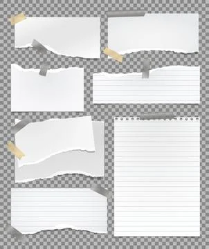 Set of torn lined white note, notebook paper pieces stuck with sticky tape on Stock Illustration